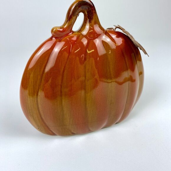 Ceramic Pumpkin with Metal Leaf Fun Festive Home Decoration Shelf Sitter 5.25" - Picture 2 of 12